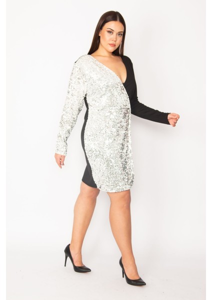 Kadın Siyah Payet Detaylı Kapalı Anvelop Elbise 65N30145 modelleri