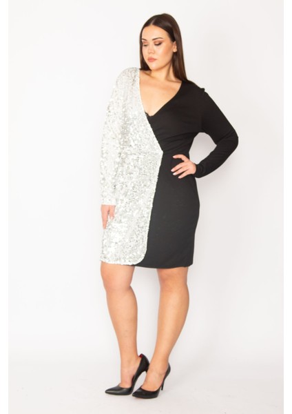 Kadın Siyah Payet Detaylı Kapalı Anvelop Elbise 65N30145 fırsatları