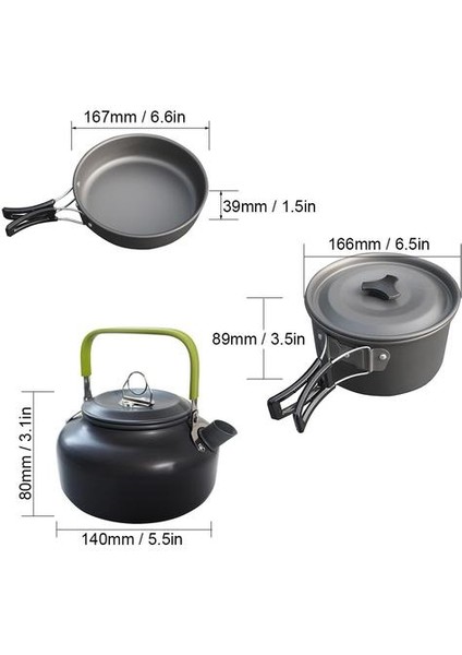Ultra Işık Alüminyum Alaşım Kamp Tencere Eşyaları Açık Pişirme Çaydanlık Piknik Sofra Kettle Pot Kızartma Tava 3 Adet / Takım | Açık Hava Tablosu (Yurt Dışından)