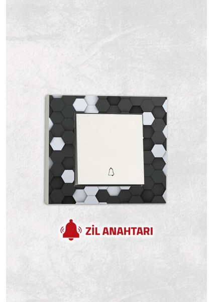 Markcat Grano Uv Baskılı Petek Desen Beyaz Tekli Dekoratif Zil Anahtarı + Çerçeve Set