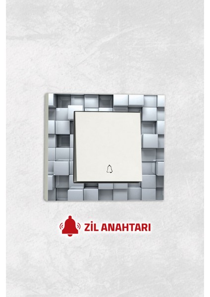 Markcat Grano Uv Baskılı Gri Küp Desen Beyaz Tekli Dekoratif Zil Anahtarı + Çerçeve Set