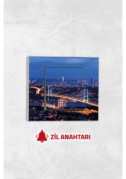 Markcat Grano Uv Baskılı Boğaz Köprüsü Desen Beyaz Tekli Dekoratif Zil Anahtarı + Çerçeve Set