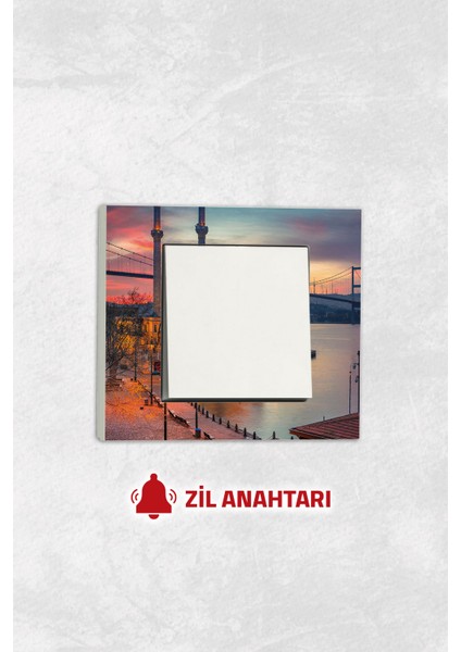 Markcat Grano Uv Baskılı Boğaz Köprüsü Konsept Beyaz Tekli Dekoratif Zil Anahtarı + Çerçeve Set