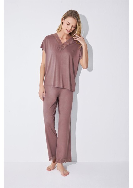 Kadın Kısa Kollu V Yakalı Dantelli Pijama Takımı 18512 fiyatları
