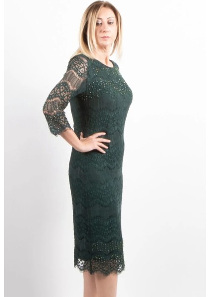 Kadın Büyük Beden Taş Işlemeli Dantel Abiye Elbise 2280 Yeşil modelleri