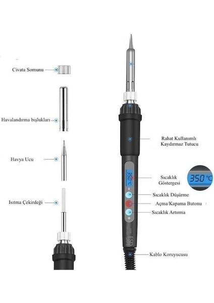 Electrimax Lcd Ekranlı Isı Ayarlı Sıcaklık Ayarlanabilir Kalem Havya Lehim Makinası, Lehim Ve Pasta