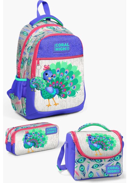 Kids Gümüş Lavanta Tavus Kuşu Desenli 3’lü Okul Çanta Seti SET0123488
