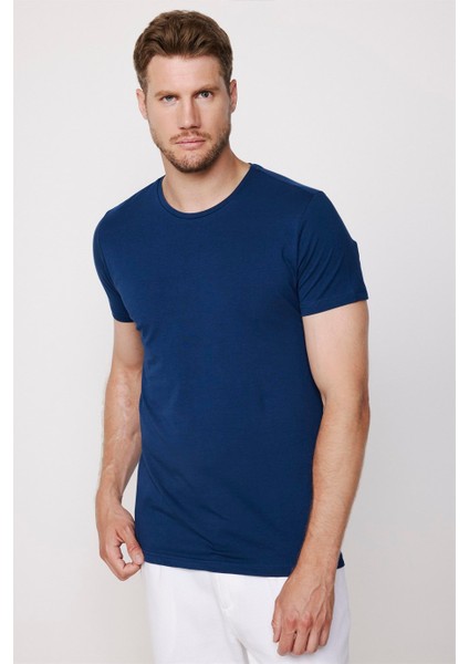 Slim Fit Bisiklet Yaka Düz Basıc Kısa Kol Lacivert T-Shirt modelleri