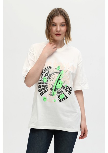 Unisex Kırmızı %100 Pamuk Baskılı Oversize Dik Yaka Örme T-Shirt