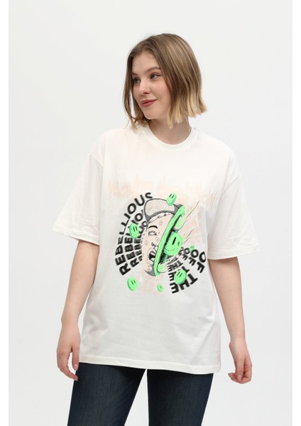 Unisex Kırmızı %100 Pamuk Baskılı Oversize Dik Yaka Örme T-Shirt