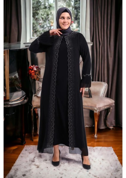 Kadın Büyük Beden Taşlı ve Inci Desenli Kolları Piliseli Anne Tesettür Abiye modelleri