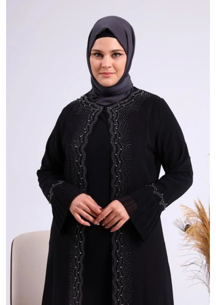 Kadın Büyük Beden Taşlı ve Inci Desenli Kolları Piliseli Anne Tesettür Abiye