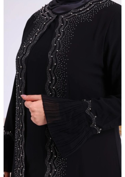 Kadın Büyük Beden Taşlı ve Inci Desenli Kolları Piliseli Anne Tesettür Abiye modelleri