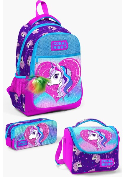 Kids Mor Pembe Unicorn Desenli 3’lü Okul Çanta Seti SET0123492