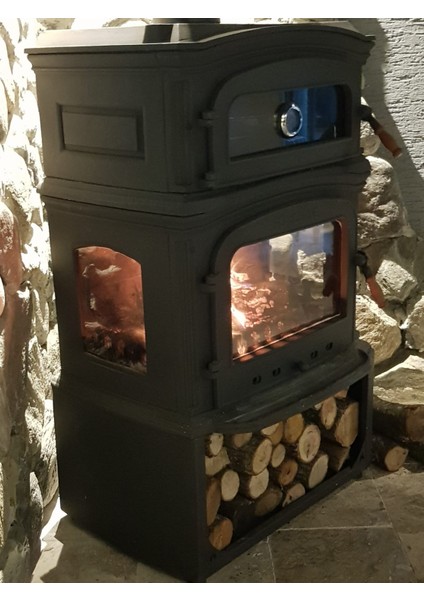 Flame Stove FS-034YK St A. Premium Lüx 3 Camlı Odunluklu Yan Kapaklı Kuzineli Döküm Soba