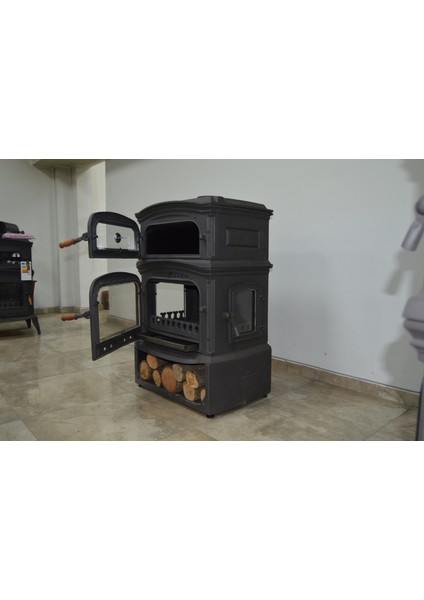 Flame Stove FS-034YK St A. Premium Lüx 3 Camlı Odunluklu Yan Kapaklı Kuzineli Döküm Soba