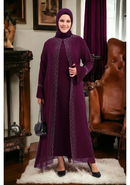 Kadın Büyük Beden Taşlı ve Inci Desenli Kolları Piliseli Anne Tesettür Abiye
