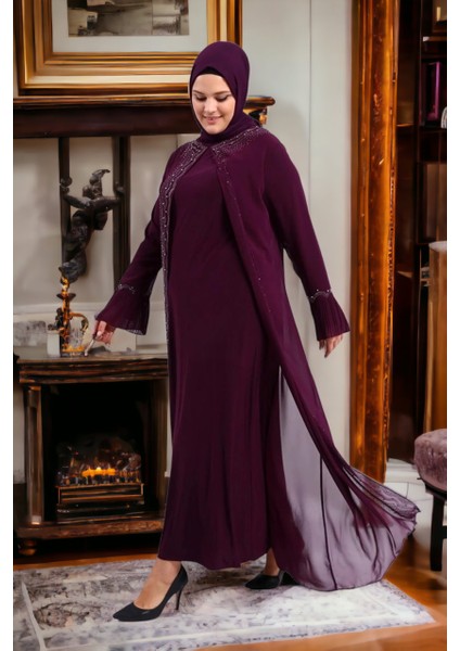 Kadın Büyük Beden Taşlı ve Inci Desenli Kolları Piliseli Anne Tesettür Abiye fiyatları