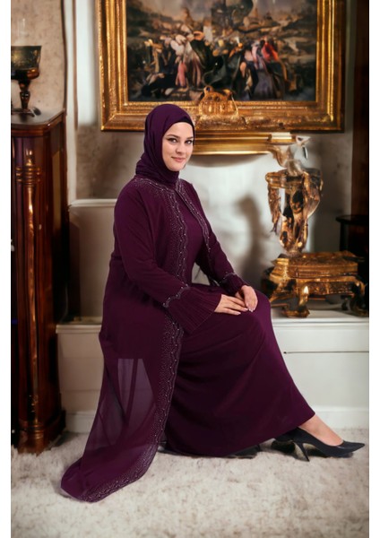 Kadın Büyük Beden Taşlı ve Inci Desenli Kolları Piliseli Anne Tesettür Abiye modelleri