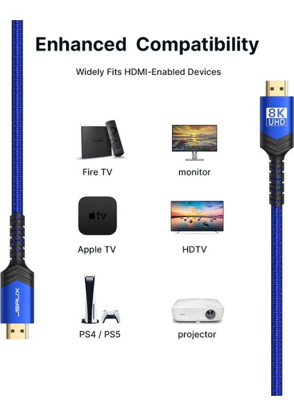 8k UHD Uzun HDMI Kablosu 48GBPS Yüksek Hızlı HDMI 2.1 Örgülü Oyuncu Kablo 4K 120Hz 144Hz 8k 60Hz Dinamik Hdr Dts:x 1080P 3D Earc Dizüstü Bilgisayar UHD Tv Oyun Monitörü Ps5 Ps4 Uyumlu CV0011