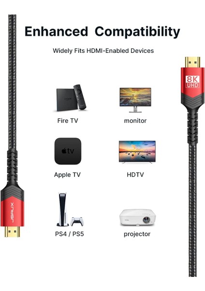 8k UHD Uzun HDMI Kablosu 48GBPS Yüksek Hızlı HDMI 2.1 Örgülü Oyuncu Kablo 4K 120Hz 144Hz 8k 60Hz Dinamik Hdr Dts:x 1080P 3D Bilgisayar UHD Tv Oyun Monitörü Ps5 Ps4 Uyumlu CV0011 7,5 METRE