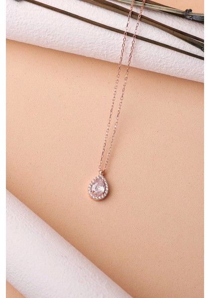 925 Ayar Zirkon Taşlı Damla Model Kolye - Rose modelleri