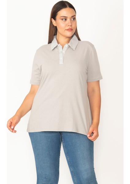 Kadın Gri Pamuklu Kumaş Polo Yakalı Pat Düğmeli Bluz 65N27322