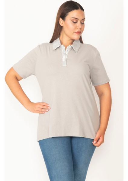 Kadın Gri Pamuklu Kumaş Polo Yakalı Pat Düğmeli Bluz 65N27322