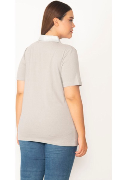 Kadın Gri Pamuklu Kumaş Polo Yakalı Pat Düğmeli Bluz 65N27322
