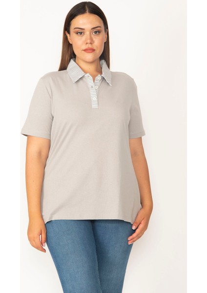Kadın Gri Pamuklu Kumaş Polo Yakalı Pat Düğmeli Bluz 65N27322