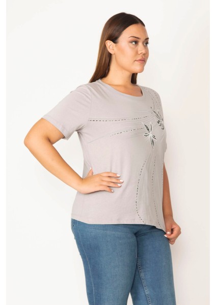 Kadın Gri Pamuklu Kumaş Ön Baskılı Kısa Kollu Bluz 65N27881