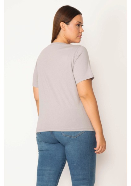 Kadın Gri Pamuklu Kumaş Ön Baskılı Kısa Kollu Bluz 65N27881
