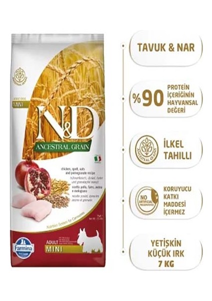 Düşük Tahıllı Tavuklu Narlı Küçük Irk Yetişkin Köpek Maması 7 kg Mini Adult Dog Food