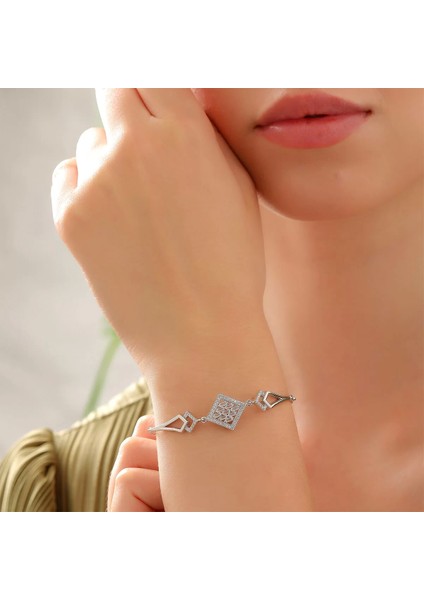 925 Ayar Gümüş Zirkon Taşı Süslemeli Modern Bileklik Silver