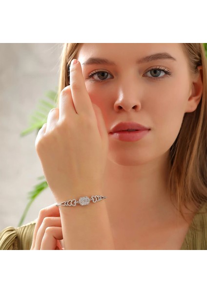 925 Ayar Zirkon Taşlı Kalp Motifli Baget Bileklik Silver