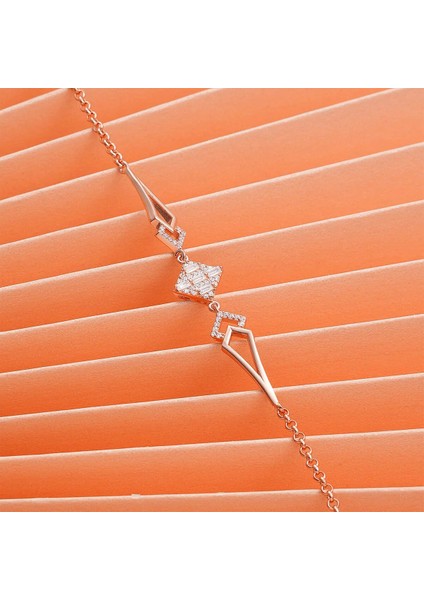 925 Ayar Zirkon Taşlı Kare Bileklik Rose