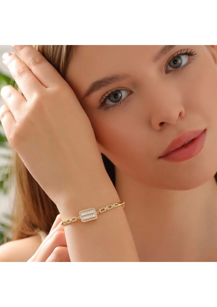 925 Ayar Zirkon Taşlı Baget Bileklik Rose Gold