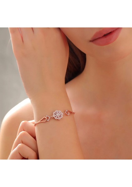 925 Ayar Gümüş Zirkon Taşlı Çiçek Bileklik Rose