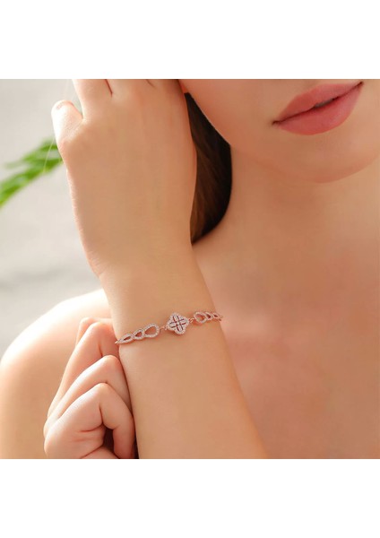 925 Ayar Damla Motifli Dört Yapraklı Yonca Bileklik Rose