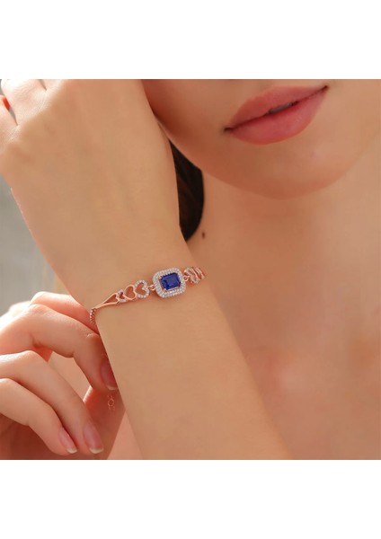 925 Ayar Zirkon Taşlı Kalp Motifli Şık Gümüş Bileklik Rose