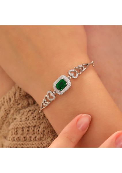 925 Ayar Zirkon Taşı Süslemeli Kalp Motifli Gümüş Bileklik Silver