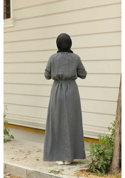 6501-DENİM Reglan Kollu Cepli Elbise Gri modelleri