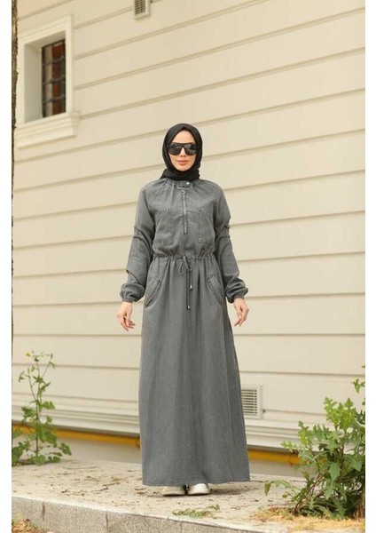 6501-DENİM Reglan Kollu Cepli Elbise Gri fırsatları