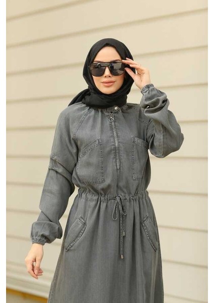 6501-DENİM Reglan Kollu Cepli Elbise Gri