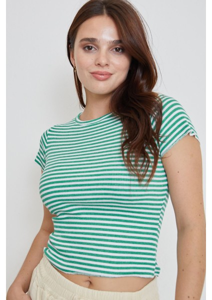 Bisiklet Yaka Çizgili Bluz-Yeşil