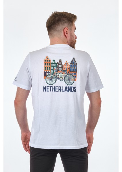 Netherlands Erkek Beyaz Bisiklet Yaka Tişört