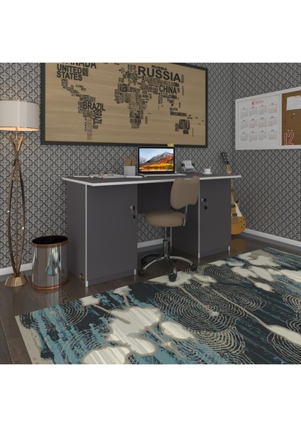 Kenzlife ofis masası pat morita gri 75*170*60 kilitli kapaklı dolap çiftli şeritli bilgisayar çalışma masası