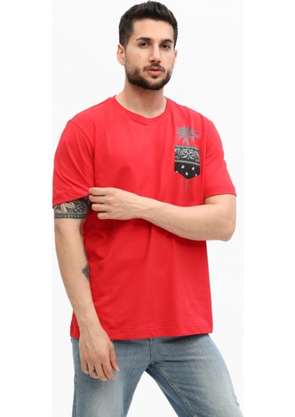 Kırmızı Pamuk Palmiye Cep Detaylı Baskılı Basic Bisiklet Yaka Örme T-Shirt