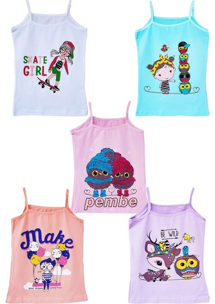 5li Kız Çocuk Ip Askılı Atlet Pamuklu Baskılı Rengarenk Kaliteli