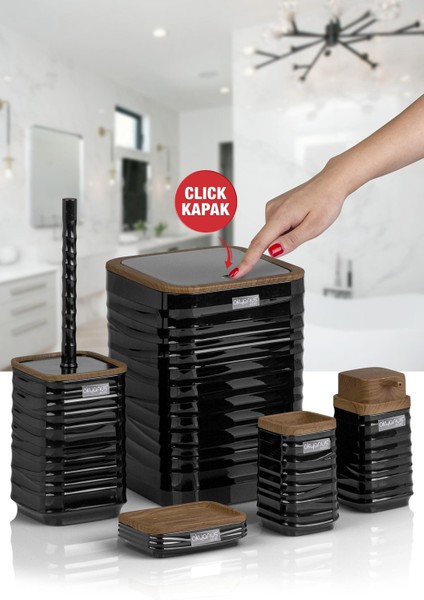 Luna Siyah Ahşap Desenli Kare 5'li Banyo Seti